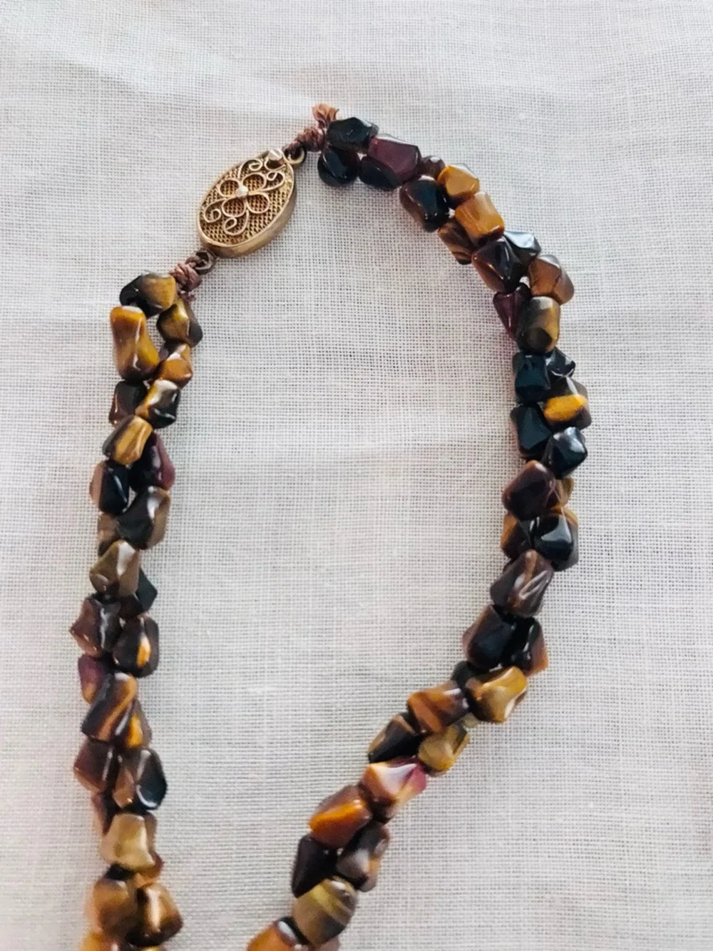 Vintage Tiger’s Eye Necklace 26” Boho Chunky Gemstone Silver Clasp